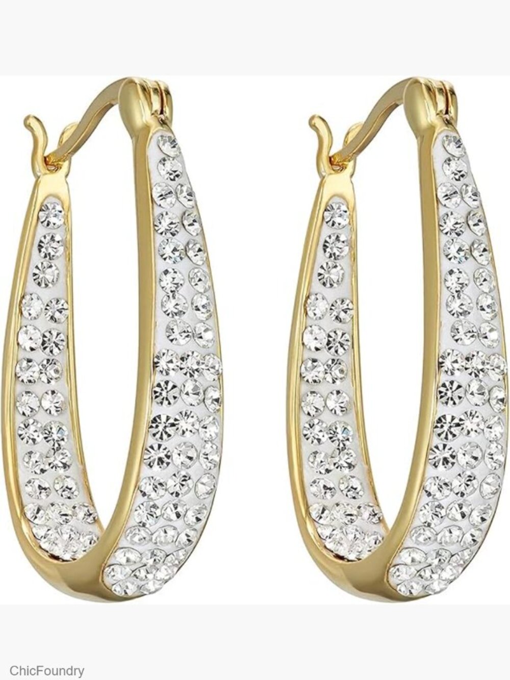 Inside Out Oval Crystal Hoop Earrings Hypoallergenic 14K Gold Plated